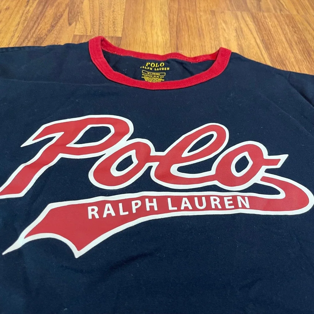 Polo Ralph Lauren Mens Medium Navy Blue Red Script Logo Ringer T-Shirt Slim Fit